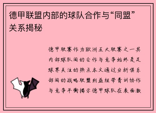 德甲联盟内部的球队合作与“同盟”关系揭秘