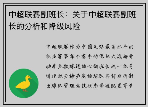 中超联赛副班长：关于中超联赛副班长的分析和降级风险