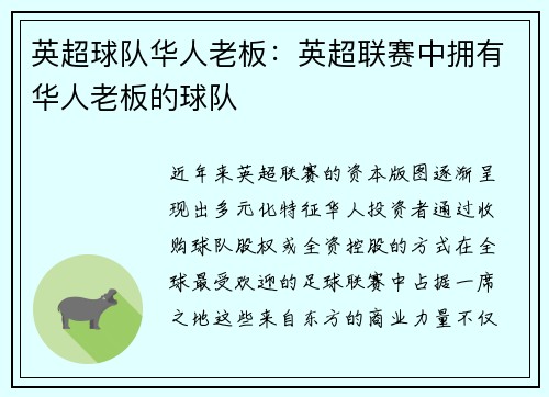 英超球队华人老板：英超联赛中拥有华人老板的球队